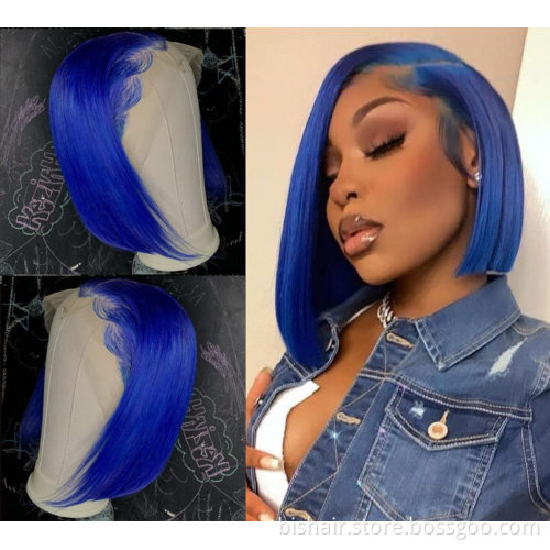 Short Blue Bob Human Hair Wig T Part Lace Front Blue Wigs Human Hair For Women Short Human Hair Bob Wig